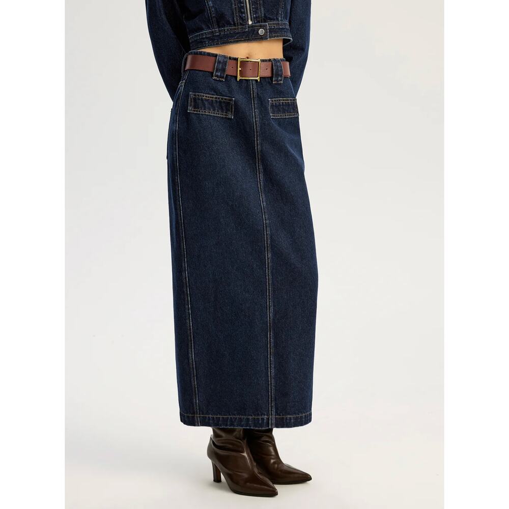 NWT Women's Commense Belted Denim Maxi Skirt Sz M
